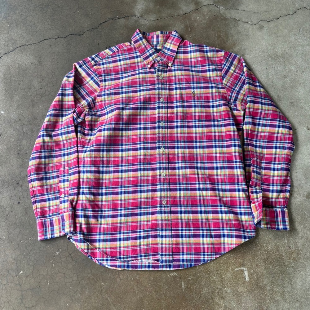 Ralph Lauren Button Down Mens L Pink Plaid Excellent Slim Fit Long Sleeve Shirt
